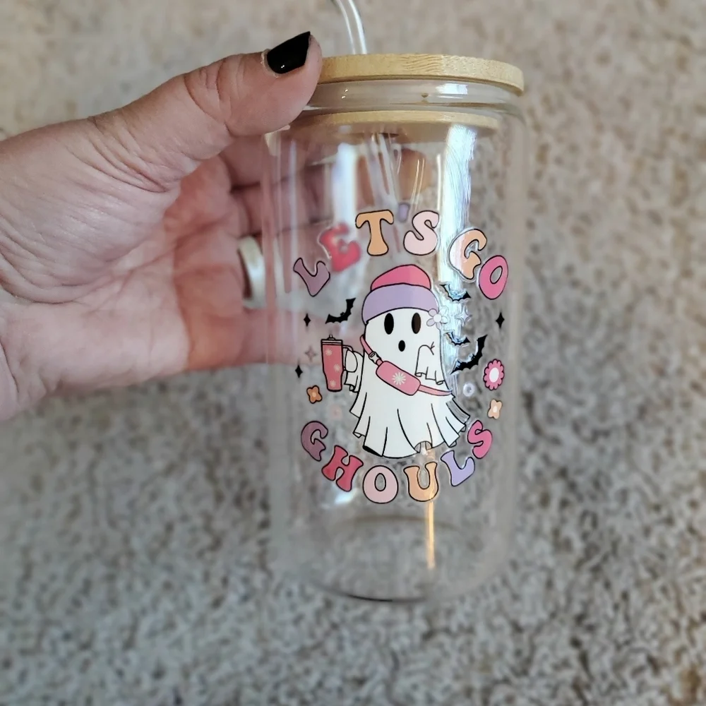 Let's Go Ghouls Halloween Glass Tumbler with Straw Brand New No Tags